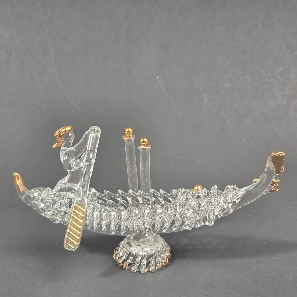 Murano Clear Glass Venetian Gondola Figurine Gold Trim Vintage Decor